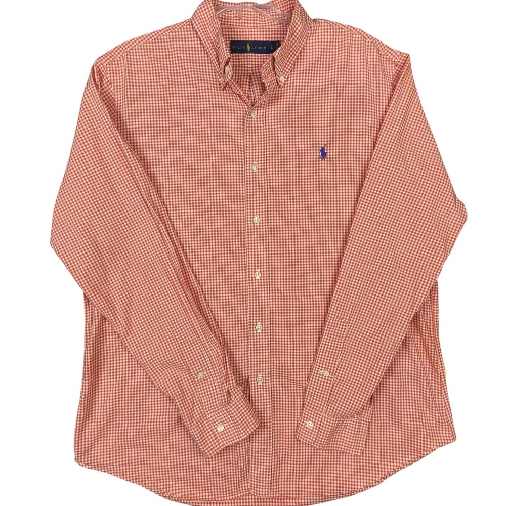 Ralph Lauren Mens Large Orange Gingham Check Long Sleeve‎ Button Down Shirt